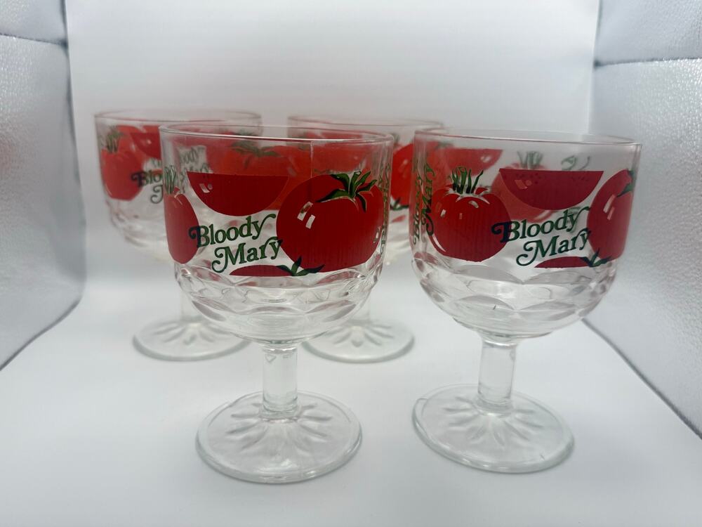 Vintage 1970s Bloody Mary Cocktail Glasses Set 4 Stemmed Tomato Red Barware 6 In